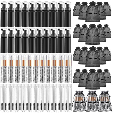 Zhehao 80 Pcs Lash Shampoo Bottle Brushes Set 20 Eyelash Shampoo Dispensers 20 Reusable Eyelash Aftercare Bag 20 Empty Lash Brushes Pipes 20 Lash Shampoo Brushes, Girls Valentines Gift(Black)