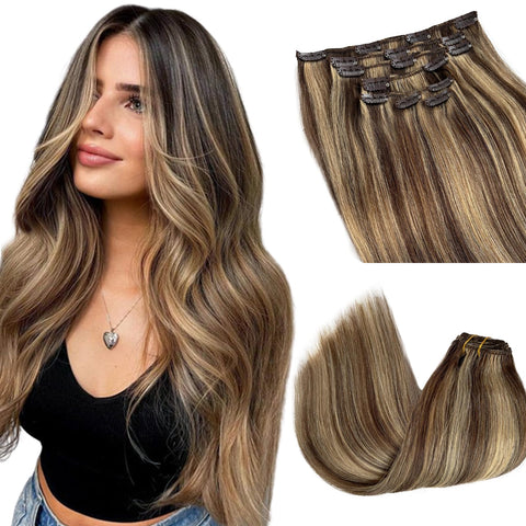 Licoville 18" Short Hair Extensions Clip in Human Hair Brown to Blonde Highlights 70grams 7pcs Silky Straight Full Head Clip on Balayage Extensions(#4/27) : 18, H#4/27