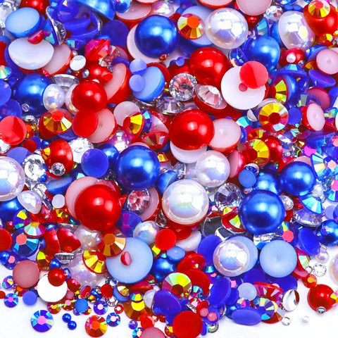 Briskbloom 3620PCS Flatback Pearls and Rhinestones, 60 Grams Mixed 2MM -10MM Flatback Jelly Rhinestones and Half Pearls for Crafts Nails Tumblers Shoes, Americana Blend | Mix White | Red | Blue