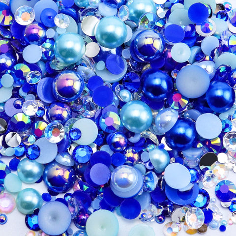 Briskbloom 3620PCS Flatback Pearls and Rhinestones, 60 Grams Mixed 2MM -10MM Flatback Jelly Rhinestones and Half Pearls for Crafts Shoes, Ocean Princess Blend | Mix Blue | Green | White | Purple