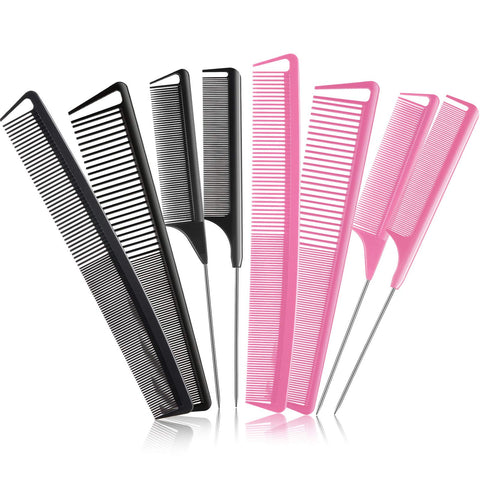 8 Pieces Fine Teeth Comb Rat Tail Hair Comb Carbon Fiber Teasing Parting Styling Combs and Carbon Fine Cutting Comb Fiber Pintail Hairdressing Comb for Braids Salon Home Supplies, Black and Pink