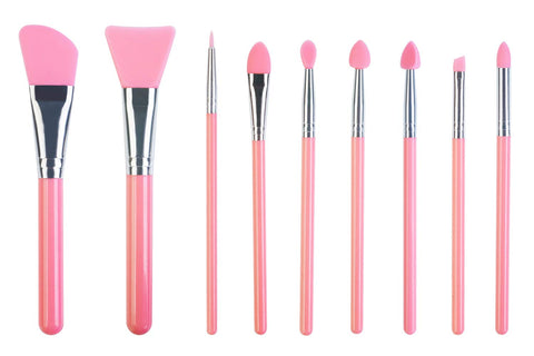 LORMAY 9-Piece Silicone Makeup Brush Set: Face Mask, Eyeliner, Eyebrow, Eye Shadow, Lip Cosmetic Brushes (Pink)