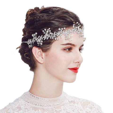 ROSEEDEN Woman Beaded Headpiece Crystal Wedding Vine Bridesmaid Headband with Ribbon Rhinestone Bridal Hair Accessories (Silver)