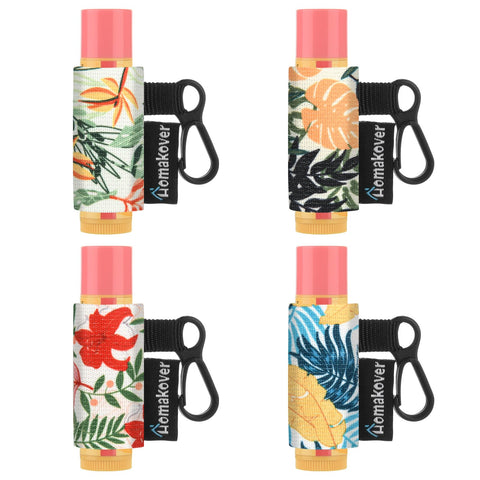 4 Pack Compact Clip-On Chapstick Holder Lip Balm Holder Keychain in 4 Colors, Premium Release Clip Elastic Sleeves Lip Gross Holder Keychain Clip On Lipstick Sleeve, Fits Most Standard Lip Balm