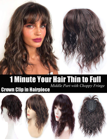 Water Wavy Hair Crown Piece Clip in Middle Part Topper with Choppy Fringe Thick/35cm, Light Brown
