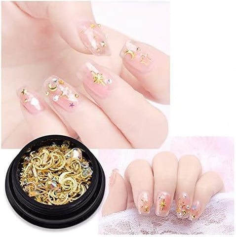 MEILINDS 3D Nails Art Decoration Gold Nail Studs Gems Sparkle Rhinestones Metal Rivets Charms Hollow Moon Star Shaped Artificial Pearls DIY Nail Tips 9 Boxes