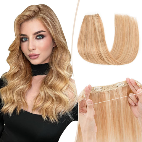 16-22inch Hidden Wire Hair Extensions Highlighted Human Hair Crown in Hairpiece Secret Translucent Fish Line without Clip Miracle Headband - 20" Golden Brown&Bleach Blonde 12&613#