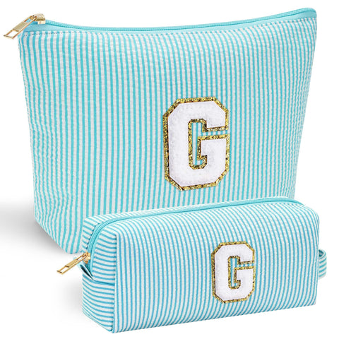 YOOLIFE Initial 2 Makeup Bag Cosmetic Bag Travel Makeup Bag Personalized Birthday Gifts for Women Mom Her Girlfriend Gifts, Light Blue, G