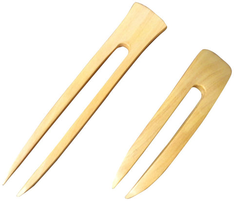 JWL (1) Yellow Teak Two Prong Curved 4.5 Inch & (1) Yellow Teak Two Prong Straight 6 Inch Hair Stick Pick Pic Pin Fork - Hawaiian Style