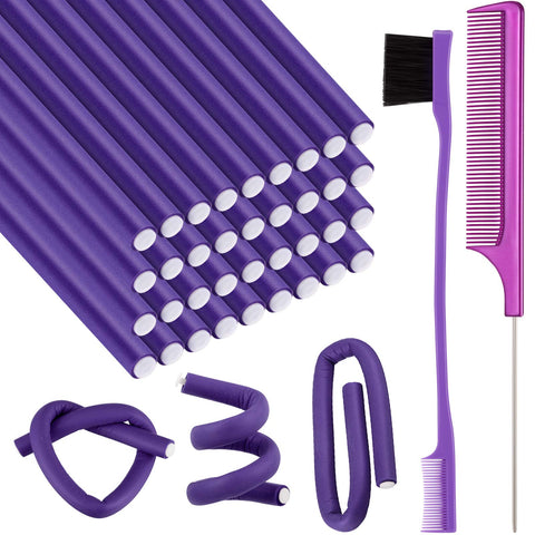 36 Pieces Flexible Foam Curling Rods Twist Foam Hair Roller Bendy Rollers Soft No Heat Hair Rollers and Hair Edge Brush Rat Tail Comb for Women Girls Short, Medium, Long Hair, Purple, 0.32 x 9.4 Inch