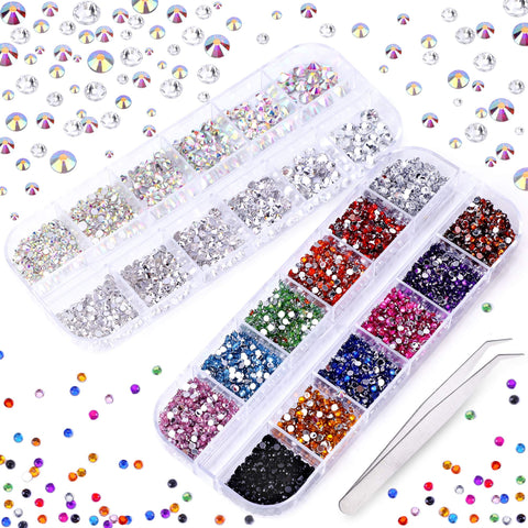 PHOGARY 3000+ Pcs Rhinestones for Craft, Phogary Ab Rhinestones Flat Back 7 Sizes (1.5-5 Mm) 13 with Pick Up Tweezer for Nail Face Art Clothes Shoes Bags Phone Case DIY