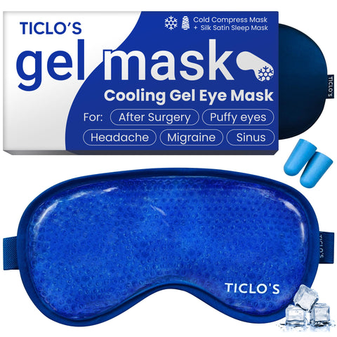 Ticlo's Gel Eye Mask - Cooling Ice Cold Compress Pad - Relax & Massage Your Tired Puffy Eyes Headaches Face & Dark Circles - Bonus Silk Sleep Mask