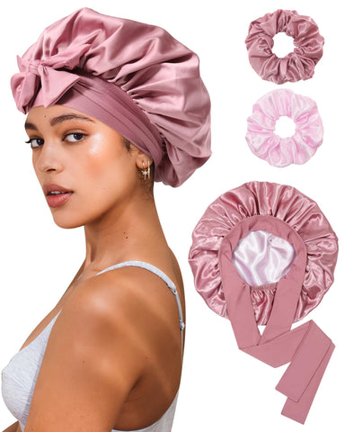 Reversible Satin Bonnet for Sleeping Women Double Layer Hair Bonnet with 2PCS Hair Scrunchies Elastic Tie Band Night Cap, Bean Paste + Pink, One Size