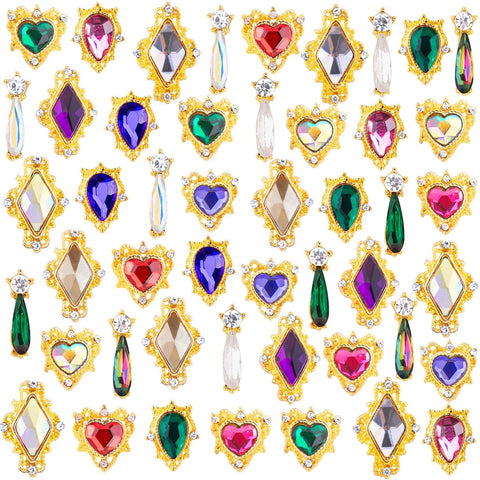 PAGOW 48Pcs Nail Art Heart Drop Rhinestones for Nails, Mix Sizes AB Iridescent 3D Crystals Diamonds Nail Art Heart Drop, Charms Metal Alloy Gold Rhinestone Nail Charms for Crafts DIY Nail Decorations