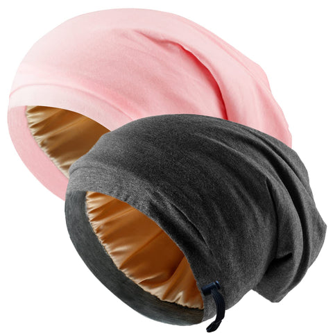 2 Pcs Silk Bonnet Satin Lined Hair Bonnet for Women Sleep Cap, Adjustable Curly Hair Head Scarf Night Caps, Black+pink, M