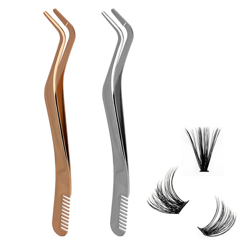 Lash Tweezers for Lash clusters GEMERRY 2pcs Cluster Lash Tweezers Set Eyelash Tweezers for Individual lashes Curved DIY Lash Extension Tweezers Stainless Steel Tweezers Set(Gold and Silver)
