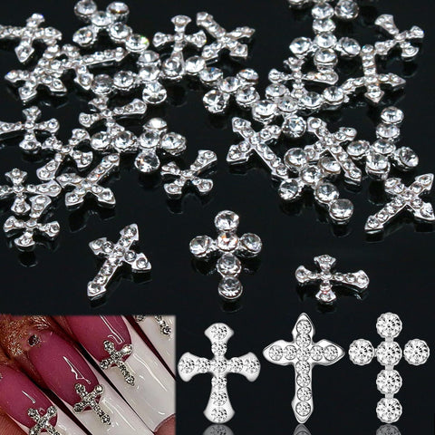SILPECWEE 30pcs 3 Style Cross Nail Charms 3D Cross Charms for Nails Silver Nail Jewels Nail Art Charms Flat-Back Nail Rhinestone Crystal Diamond Nail Art Decoration Nails Accessories