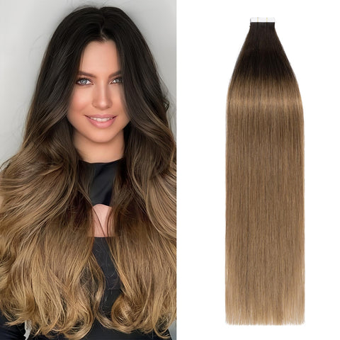 20 PCS Rooted Tape In Hair Extensions Human Hair Invisible Seamless Skin Weft Double Side Tape Remy Human Hair Hightlight Long Straight For Women (12',40g,#2T6 Dark Brown ombre Light Brown)