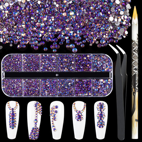 3600pcs Purple Crystal AB Iridescent Round Rhinestones 1.8-4mm Flatback for Manicure, 6 Multi Sizes Nail Art Shine Crystal Gem Diamond Bling Set with Tweezer and Pickup Pencil