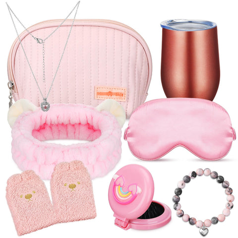 Riceshoot 8 Pcs Pink Birthday Gifts for Teen Birthday Gifts Including Eye Mask Socks Makeup Bag Bracelet Necklace Mirror Headband Cup for Girl, Pink, as the pictures shown