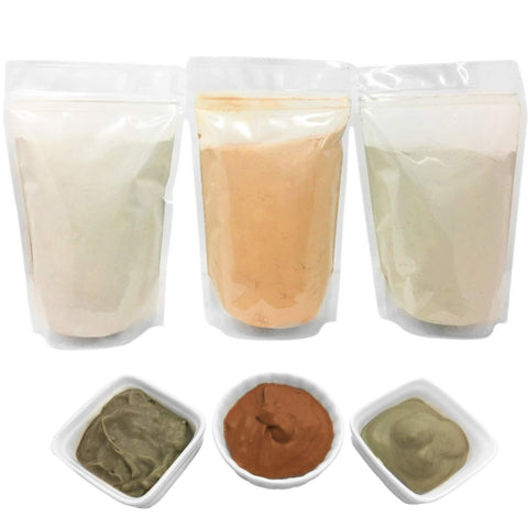 Bentonite (Indian Healing), Moroccan (Red-Rhassoul), and European (French-Green) Clay Powder - 3 multipak/set for making mud treatments for skin, hair, face - by HalalEveryday
