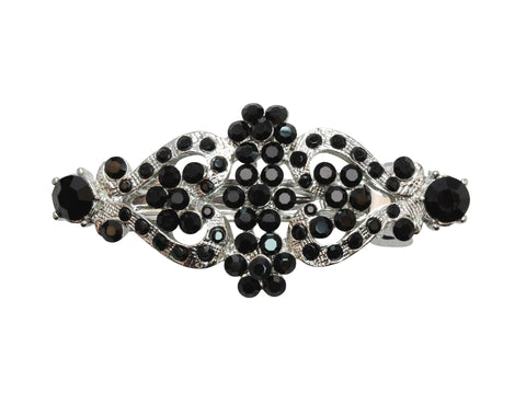 Faship Black Rhinestone Crystal Floral Double Hearts Hair Barrette Clip - Black