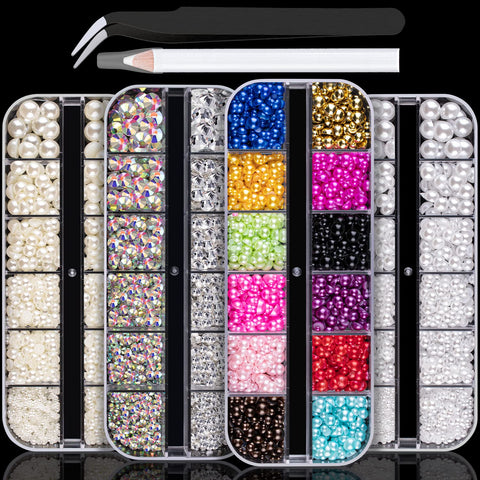 4800 Pcs 4 Boxes Flat Back Rhinestone&Pearls Kits Flatback Round Glass Crystal AB&Clear Gems+Colorful+White+Beige Half Round Pearls with Pickup Pencil and Tweezer for Nail Art, Face Makeup and Craft