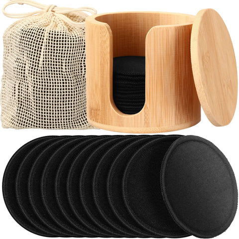 40 Pieces Reusable Makeup Remover Pads Natural Washable Black Bamboo Cotton Rounds for Most Skin Types Washable Make up Pad for Toner with Bamboo Holder and Laundry Bag