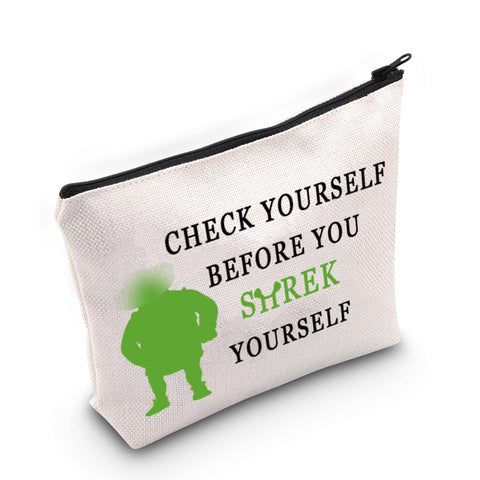 LEVLO Funny Monster Movie Cosmetic Make Up Bag Green Monster Fans Gift Check Yourself Before You Shrek Yourself Makeup Zipper Pouch Bag For Women Girls, Check Yourself, Make Up Bag