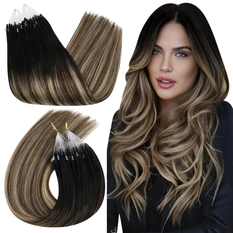 16inch, Off Black Ombre Brown and Caramel Blonde: Ugeat 16Inch 50Gram Micro Ring Human Hair Extensions Balayage Ombre Off Black Ombre Brown And Caramel Blonde Real Human Micro Beaded Hair Extensions Brazilian Silky Straight Hair