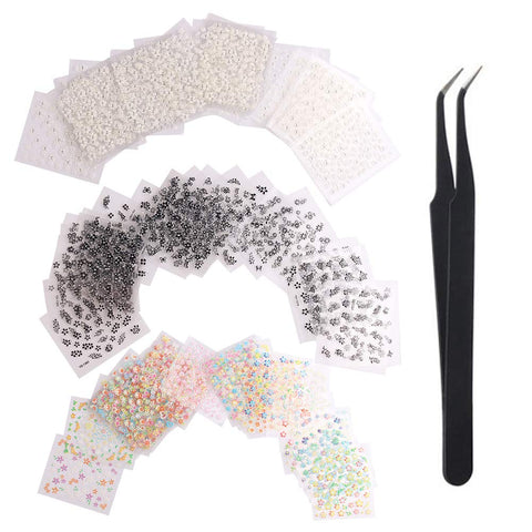 WOKOTO 90Pcs Self-Adhesive 3D Design Nail Art Sticker Tip Colorful White Black Flower Nail Art Decoration Decals With 1 Pcs Anti-Static Tweezers