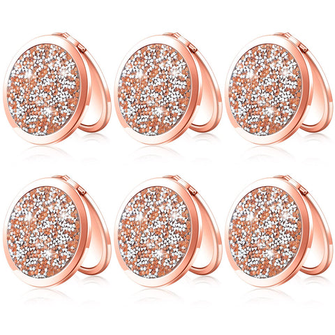Magnifying Compact Cosmetic Mirror Diamond 1X/ 2X Magnifying Makeup Mirror 2.75 Inch Round Pocket Travel Makeup Mirror Folding Small Purse Size Mirror for Women Girls(Rose Gold,6 Pieces)