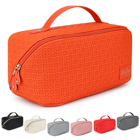 KAT MYHR Large Capacity Travel Cosmetic Bag - Makeup Bag, Portable Waterproof Womens Travel Makeup Bag Organizer, with Handle and Divider, Orange, Cosmetic Bag