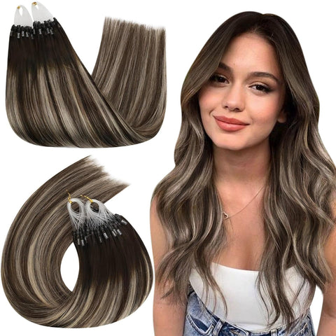 Ugeat Micro Beads Real Hair Extensions 20 Inch Micro Loop 100% Human Hair Extensions 50Gram Micro Ring Hair Extensions Human Hair Balayage #4/18/4 Color Brown with Blonde 50Strands