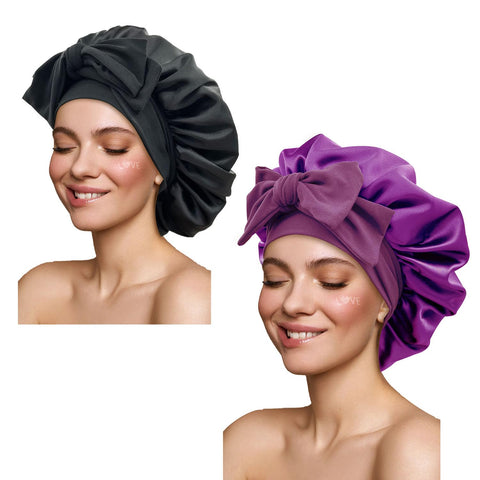 Satin Silk Hair Bonnet Sleeping Large Bonnet Hair Wrap with Tie Band Adjustable Strap Hair Cap Night Sleep Cap for Women Curly Braid Hair (Black, Purple)