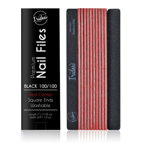 Iridesi 100/100: Professional Nail Files Black Washable Emery Boards 7 Inches Long Square End Serrated Edge 12 Fingernail Files Per Pack (100/100)