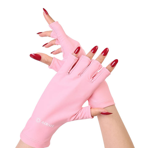 AIRSEE Anti UV Gloves for Nail Lamp, UPF50+ UV Protection, Nylon Lycra, Fingerless, Medium, Pink