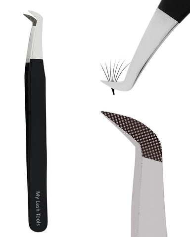 My Lash Tools Fiber Tip Lash Tweezers for Eyelash Extensions Pro Lash Tech Tweezer for Volume Lashes Stainless Steel Mink Lashes Fan Making Mega Volume Boot Lashing Tweezers (Black)