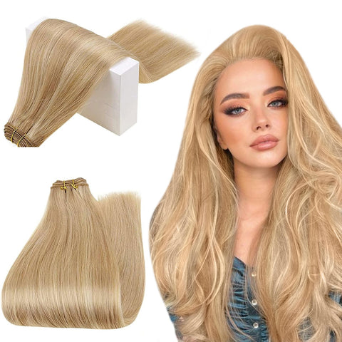 RUNATURE Weft Hair Extensions Human Hair 14inch Double Weft Hair 16P24 Golden Blonde Highlights Hair Extensions Sew in Hair 100g Remy Hair Bundles Weave Hair Human Bundles