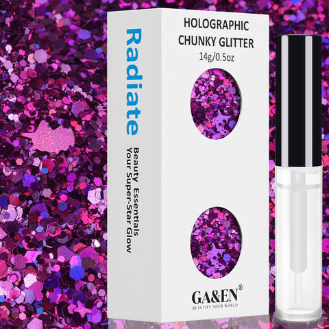 Purplish Red Holographic Chunky Glitter Cosmetic Body Hair Face Nail for Festival Carnival Concert Party Beauty Rave Accessories Different Sizes&Shapes 2 Pots ï¼ˆ14g/0.5ozï¼‰