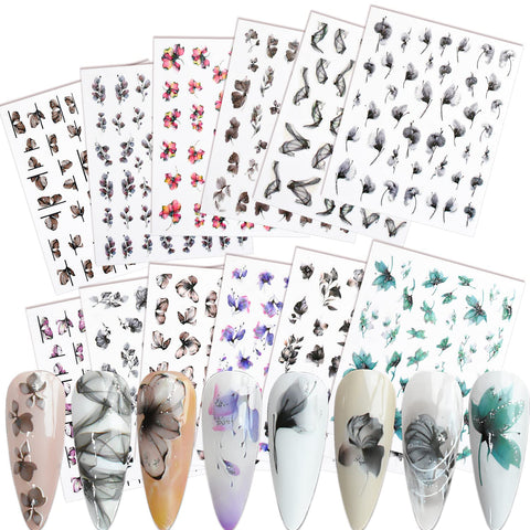 WOKOTO 12 Sheets Gradient Design Flower Nail Stickers For Nail Art Stickers Tips 3D Nail Self-Adhesives Decals Stickers For Women Nails Art Design Dry Flowers For Nails Decals 3d Flowers For Nails