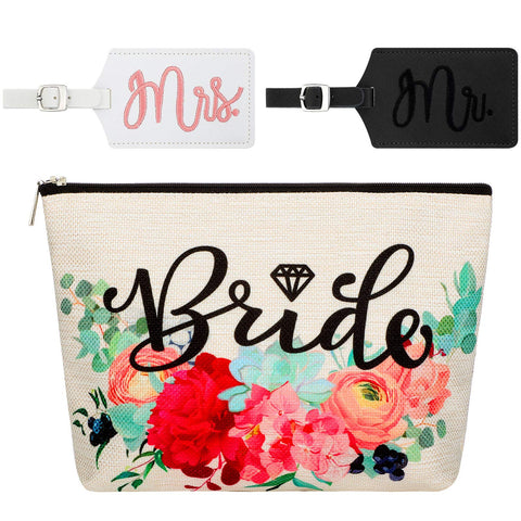 Bride Makeup Bag Present Bridal Cosmetic Bags Mr Bridal Luggage Tags and Mrs Bridal Luggage Tags for Bridal Party Present