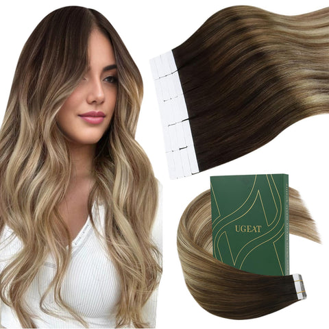 Ugeat 20 inch Tape in Hair Extensions Human Hair Balayage Ombre Seamless Skin Weft Real Human Hair Extensions Ombre Color Dark Brown Color Fading to Color Blonde Hair 20Pcs 50Gram Per Package