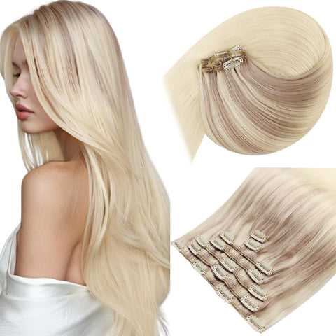 14 , #Nordic : Sunny 14" Full Head Clip in Hair Extensions Human Hair Nordic Balayage Blonde Ombre 7pcs 120g Double Weft Clip in Human Hair Extensions Thick