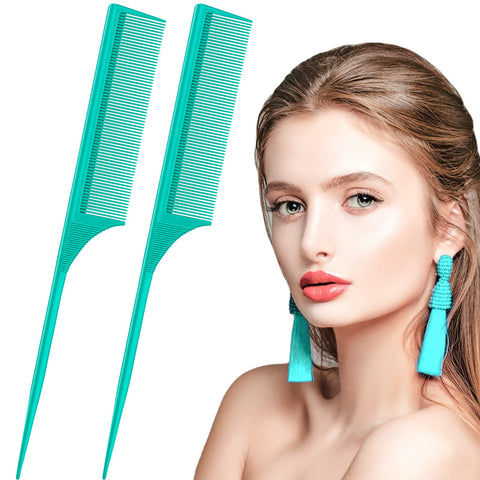 2 Pieces Rat Tail Fine Tooth Comb Carbon Fiber Teasing Styling Comb Anti Static Heat Resistant Tail Comb for Back Combing Root Teasing Adding Volume Evening Styling Women Men (Green)