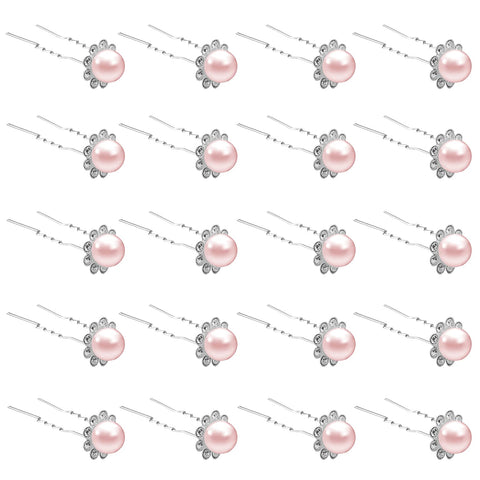QIUTIMIY 20 Pack (Pink)Pearl Crystal Hair Pins Flower Rhinestone Hair Clips for Bridal Wedding Women Hair Jewelry Accessories, with Clear Container