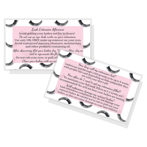 Lash Extension Aftercare Instructions Cards | Package of 50 | False Lash print with Pink Inlay Design Double Sided Size 3.5 x 2" inches After Care (2-3 Week Fillers)