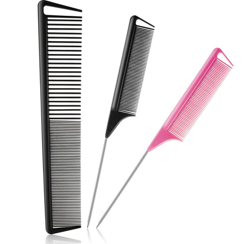 3 Pieces Rat Tail Comb Carbon Fiber Cutting Comb Set Stainless Steel Pintail Comb Teasing Comb Parting Comb, Wide and Fine Teeth Comb for Braids Hair Salon Home Supplies, Black