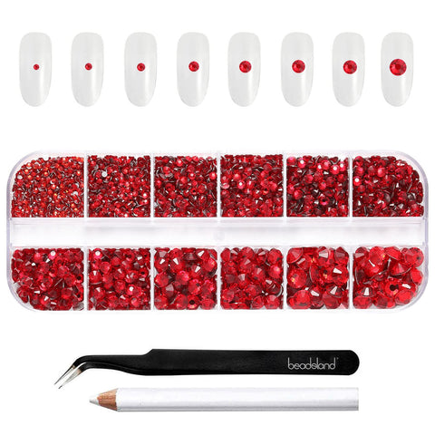 Beadsland 2500pcs Red Rhinestones, Flatback Gems Round Red Crystal Rhinestones for Crafts Mixed 8 Sizes SS4~SS30 with Picking Tweezer and Pen (Siam)