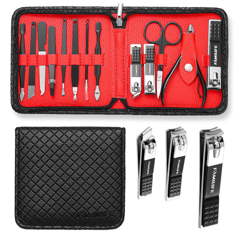 Familife Manicure Set Manicure Kit Nail Clippers 13PCS Nail Kit Nail Cutter Men Grooming Kit Pedicure Set Professional Manicure Set Stainless Steel with Black Red Travel Leather Nail Care Mens Gifts